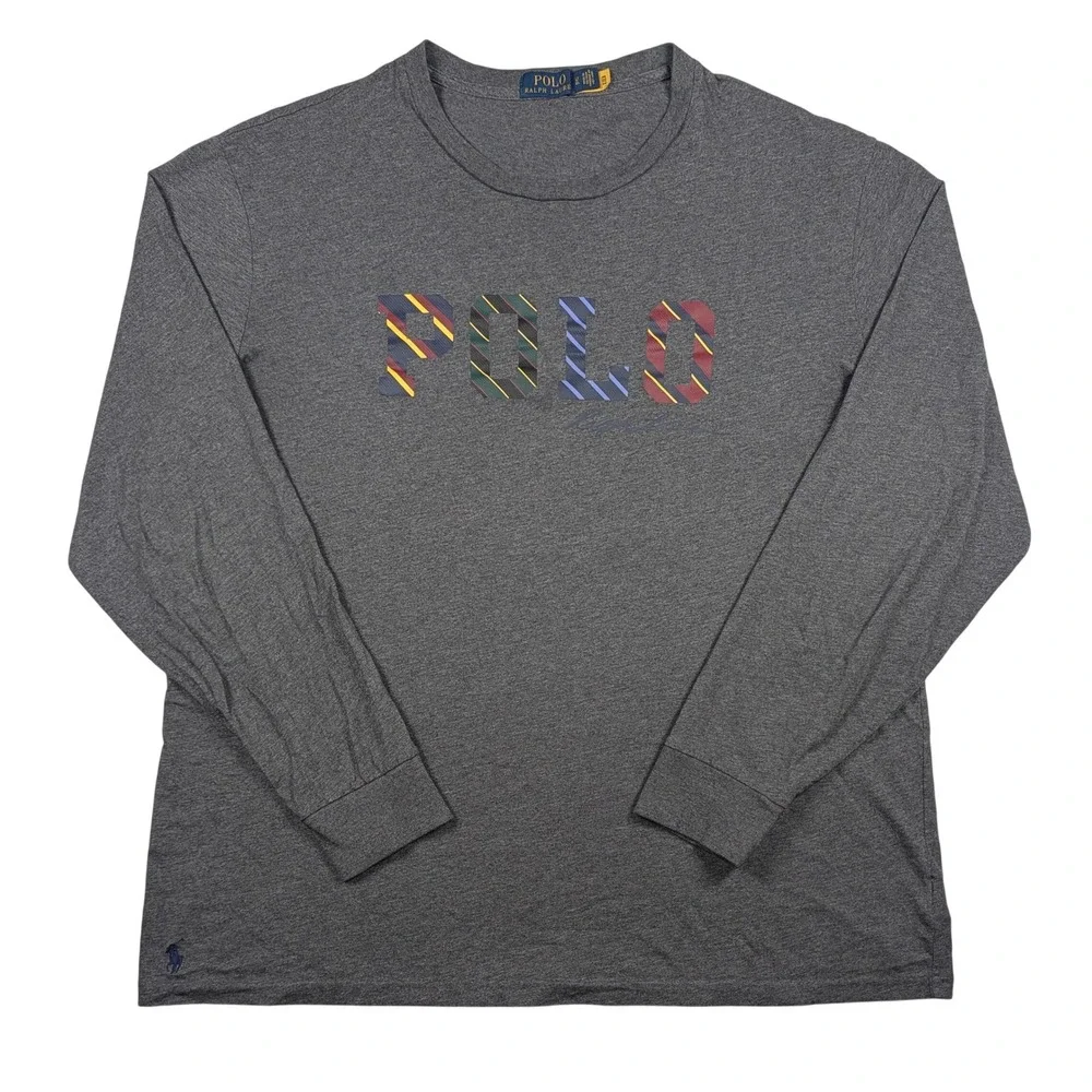 Polo Ralph Lauren T Shirt Mens LT Tall Gray Long Sleeve Cotton Graphic Logo Pony